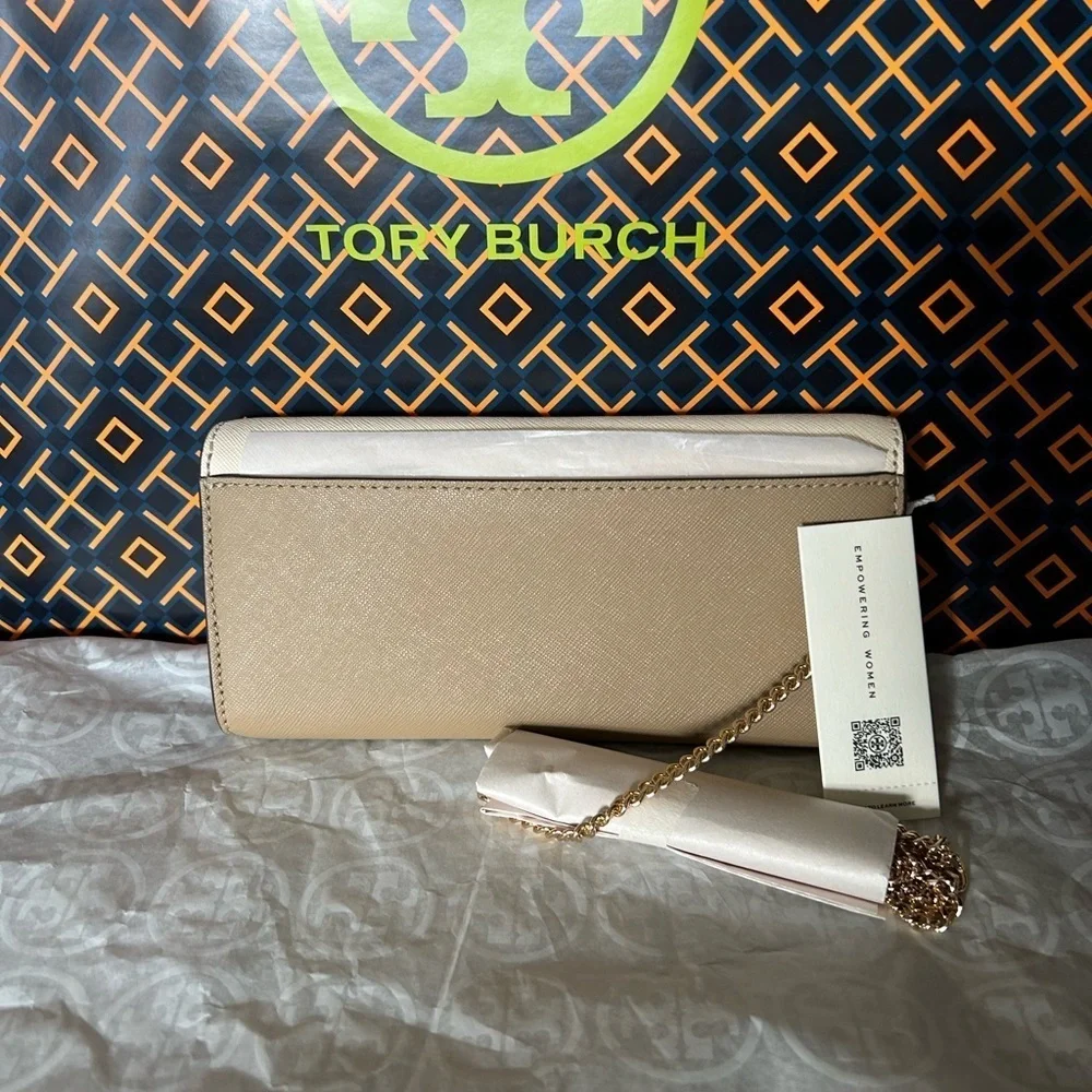 Tory Burch Emerson Colorblock Wallet on a Chain Crossbody Bag Brie Almond Flour